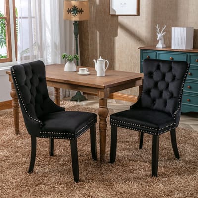Eetkamerstoelen - Set Van 2 - Gestoffeerde eetkamerstoel - Eettafelstoel - Eetkamerstoelen - Stoel - Flueel - Houten stoelpoten - Modern Design - Zwart