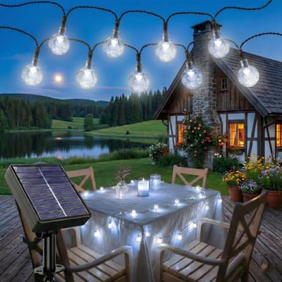 MUPOO Solar Lichtsnoer Buiten IP44 50 LEDS - Geheugenfunctie - Automatisch aan- 8 Lichtmodi - Prikkabel- Lampjes Slinger -Tuinverlichting op Zonne-energie-- Feestverlichting voor Tuin, Feest, Terras - 9.5 Meter - Wit