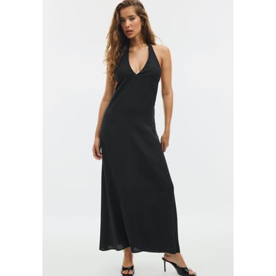Stradivarius Midi-jurk met halter en structuur  Zwart XS