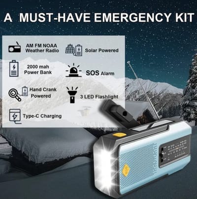 Daykit All-in-One Noodradio – NOAA Weeralarm – 2000mAh Powerbank – Zonnepaneel & Handcrank – 3-Modes Zaklamp – SOS Alarm – IPX4 – Voor Kamperen & Noodsituaties. (Kleur Sky Blue)