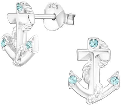 Joy|S - Zilveren anker oorbellen - 8 x 11 mm - blauw kristal - oorknoppen