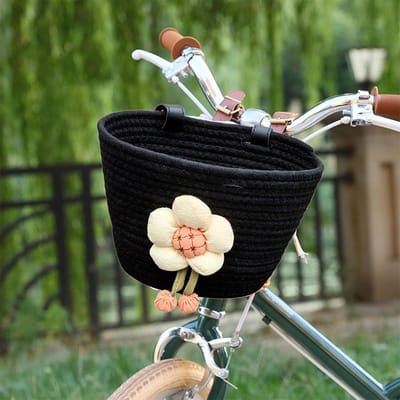 VHV Gevlochten Fietsmandje - Katoen-look - Voor Stuur van Kinderfiets, Loopfiets & Step - Leuke Accessoires - 19.5 cm Hoog - Roze