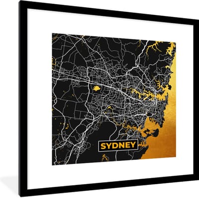 Fotolijst incl. Poster - Sydney - Goud - Plattegrond - Stadskaart - Kaart - 40x40 cm - Posterlijst
