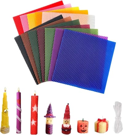 12 Stuks Bijenwas Bladen 20 x 20 cm voor het Maken van Kleurrijke Kaarsen, Inclusief 12 Lontjes en Verpakking, Perfect voor DIY Kaarsenprojecten