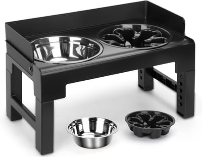 Nobleza Verhoogde Hondenvoerbak – Verstelbaar in 6 Hoogtes & Kantelbaar – Met Antiknoei Rand – RVS Voerbak 1000ml + Antischrokbak 600ml – Voor Honden en Katten – Zwart