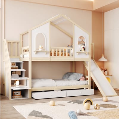 Sweiko Stapelbed - 90 x 200 cm - Huisontwerp - 2 lades - Opslagruimte - Kinderbed - Wit + Natuurlijke