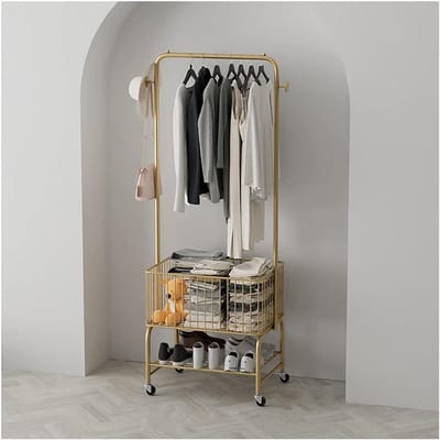Kledingrek Met Mand - Opbergwagen Kleding - Kleding Opbergen - Met Wielen Verrijdbaar - 40X70X180cm - Goud