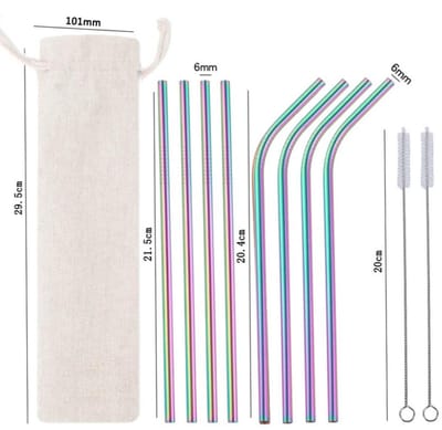 Set van 10 roestvrijstalen rietjes + tas (inclusief 2 schoonmaakborstjes), herbruikbaar, milieuvriendelijk, geschikt voor cocktails, smoothies en sappen,Regenboogkleuren