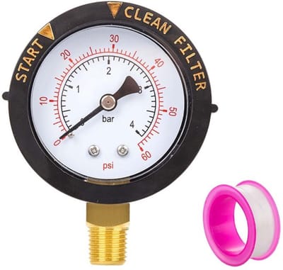 Drukmeter 0-60psi - Manometer - Schroefdraadafdichtingstape - Onderste Montage - 8,30cm x 6,60cm x 3,10cm - Geschikt voor Zwembadpomp - Waterdrukmeter