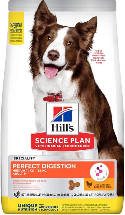 4x Hill's Science Plan Perfect Digestion Medium Adult 1+ Hondenvoer met Kip & bruine Rijst 2.5 kg