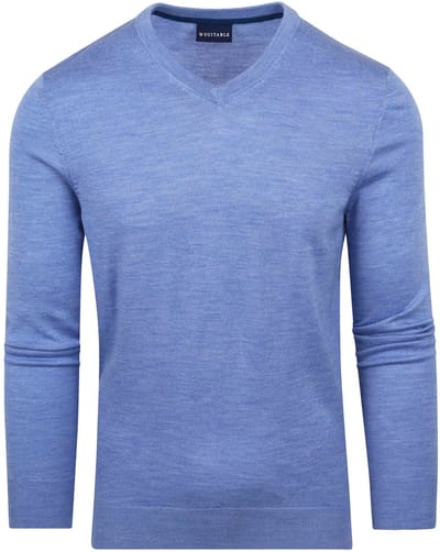 Suitable Merino Pullover V-Hals Lichtblauw - Maat XL - Heren