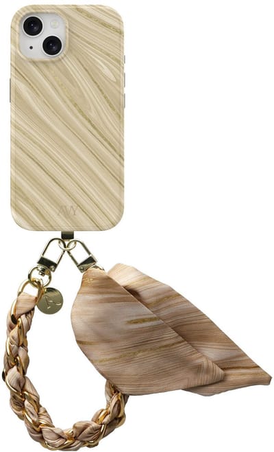 AVY Hoesje Met Telefoonkoord | Geschikt voor Apple iPhone 15 | Compatibel met MagSafe | Hard Shell Back Cover | Stijlvol Bijpassend Koord 32CM | Aurum Gold | Goud