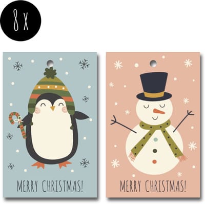 8x Kerst Labels / Kaartje van karton / Cadeaulabels / Label | MERRY CHRISTMAS | pinguïn & sneeuwpop