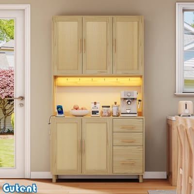Gutent Buffet-LED Decoratieve Verlichting-2 x USB-Verstelbare Planken-3 Laden-Gouden Metalen Handgrepen-Natuurlijk