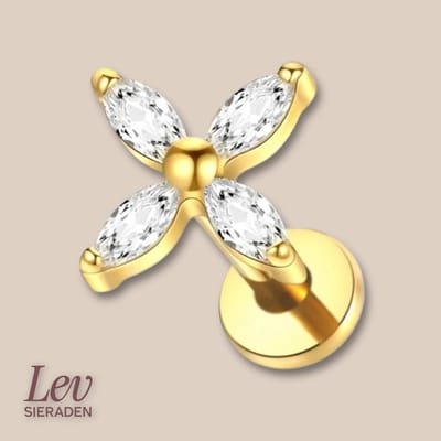 Lev Sieraden - Goud kleur Titanium Push Pin Labret piercing met steen 4x ovaal steen lip , oor targus piercing