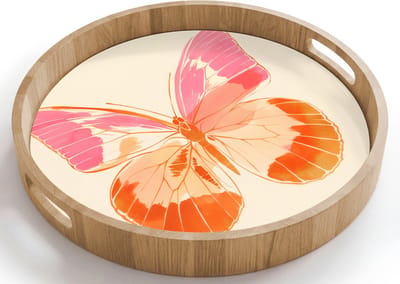 Dienblad rond 40x40 cm - Schootdienblad hout - Oranje - Vlinder - Minimalistisch - Borrelplank rechthoek - Plateau houten dienbladen