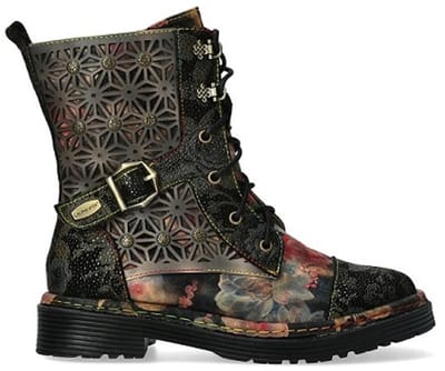 Laura Vita Incaso 36 Zwarte Bloemen Dames Gothic Victoriaanse Leren Enkelhoge Laarzen