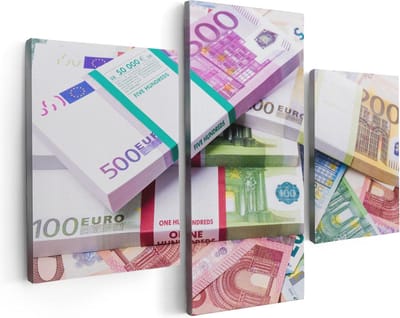 Artaza Canvas Schilderij Drieluik Euro Geld Briefjes - Stapels  - 90x60 - Foto Op Canvas - Canvas Print