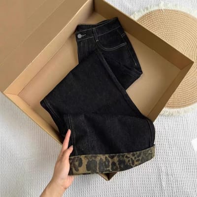 Retro Luipaardprint Zwarte Wijde Pijpen Jeans voor Dames in Herfst en Winter Plus Fluweel Hoge Taille Slankmakend Losse Rechte Broek S black