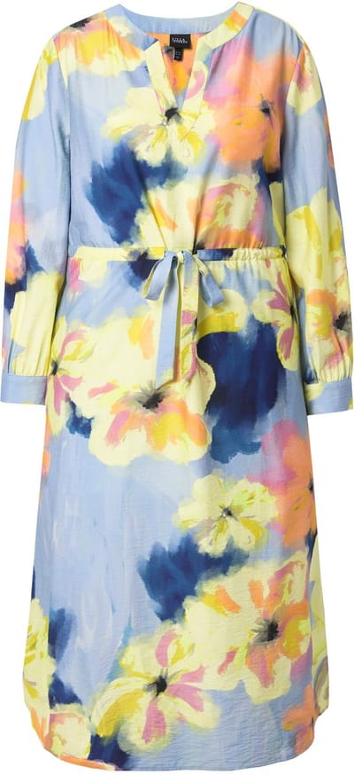Ulla Popken - Dames - Maxi-jurk bloemen A-lijn tuniekhals lange mouwen - Lichtblauw - Maat 46+