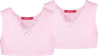 Exclusief Luxueus Kinder ondergoed Hanssop, Twee Meisjes, Katoenen Sport-Tops, super zacht roze sport-tops, dubbel gevoerd, gemaakt in een verfijnd lief roosjes ajour katoen met een bijpassend roze velours strikje, maat 128