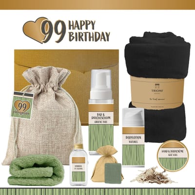 Geschenkset “99 Happy Birthday” - 8 producten - 1140 gram - Triomf Cosmetica | Luxe wellness Cadeaubox voor haar Giftset Feest Verjaardag Negenennegentig jaar Cadeau Pakket Gefeliciteerd Verjaardagscadeau Ninety-nine Years Hartje Goud Groen Zwart