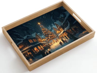 Dienblad hout 50x35 cm - Schootdienblad - Kerstfeest - Dorp - Donker - Borrelplank rechthoek - Plateau dienbladen