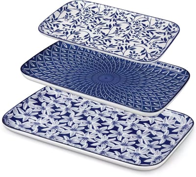 Serveerschalen - Serveerborden - Porselein - Set van 3 - Wit - Blauw