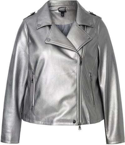 Ulla Popken - Dames - Bikerjas leren look reverskraag volledig gevoerd - Zilver - Maat 46+