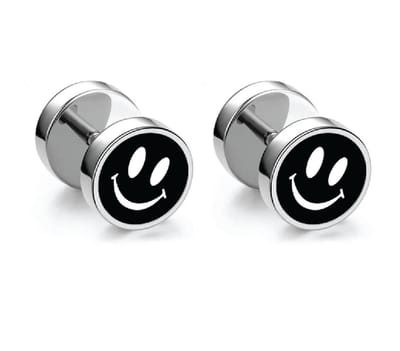 RVS studs oorbellen mannen - heren - smiley - zilver - zwart - roestvrij staal - Ø 8 mm