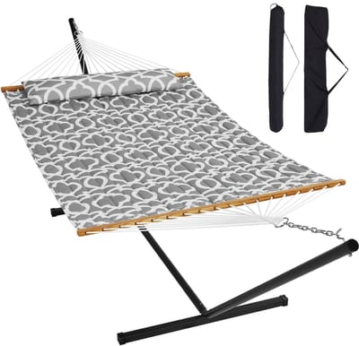 Hangmat - Hangmat voor Twee Personen - Hanging Chair - Hamac - Hammock Chair - Vrijstaande hangmat - Dubbel gewatteerde stof - 12FT - Stalen standaard - Draagvermogen van 480 lbs - Dubbele hangmat - voor buitenpatio, tuin, strand