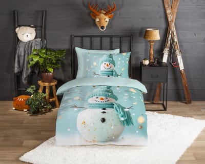 Good Morning dekbedovertrek sneeuwpop met gebreide muts en sjaal - 1 persoons 140x200/220 cm - Mint - 100% Katoen flanel