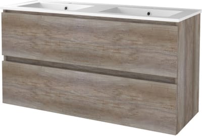 Basic Start 46 badmeubelset met greeploze wastafelonderkast, 2 lades en porseleinen wastafel met 2 kraangaten 120 x 46 cm, scotch oak
