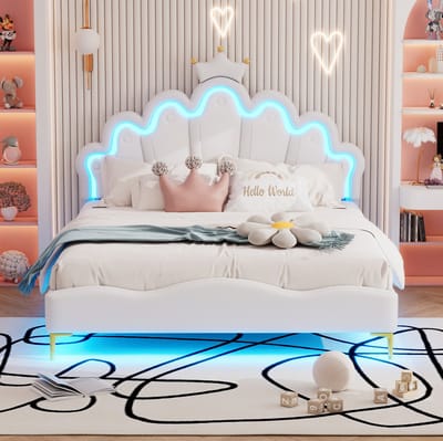 MEUNIQ tweepersoonsbed 140x200 cm met kroonvormig hoofdbord, LED-verlichting en kunstleren bekleding, normaal bed voor slaapkamer, wit