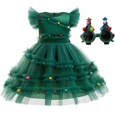 Robe de Noël pour fille 3-10 ans, Petites et Petits Enfants Jupe Princesse en Tulle Manches Volantes Fines Jupe de Noël+gla 120 5year black