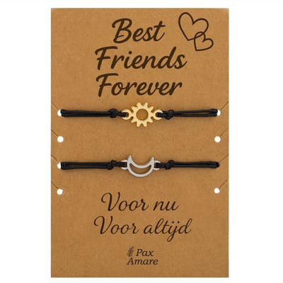 Vriendschapsarmbandjes voor 2 "Best Friends Forever" - Zon & Maan - BFF Armbandjes met Persoonlijk Cadeau Kaartje - Zilverkleurig - Elastisch Verstelbaar - Pax Amare