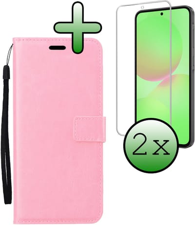 Hoesje Met 2x Screenprotector - Geschikt voor Samsung Galaxy A36 - Luxe Pasjeshouder - Bookcase Portemonee - Flip Case - Kunstleer Book Case - Flipcase Hoes - Book Cover - Walletcase - Portemonneehoes - Lichtroze