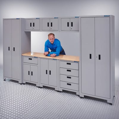 Datona® Werkplaatsinrichting met twee werkplaatskasten en bovenkast - Grijs