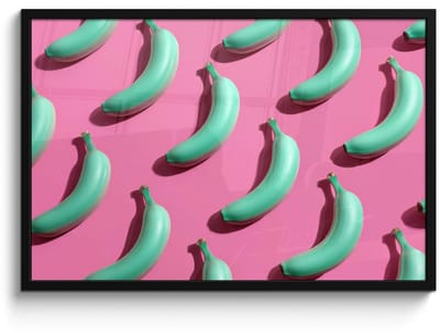 Poster in lijst - Fotolijst 90x60 cm - Posters - Bananen - Patroon - Blauw - Roze - Posterlijst zwart - Decoratie - Wanddecoratie woonkamer - Muurdecoratie slaapkamer
