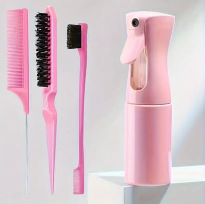 FA-VE Slick Back Hair Brush - Slickback Hairbrush Set van 4 - Haarborstel Set Met Spray - Toupeerkam - Toupeerborstel - Hairbrush - Slick Back Brush - Slick Back Bun Brush - Roze
