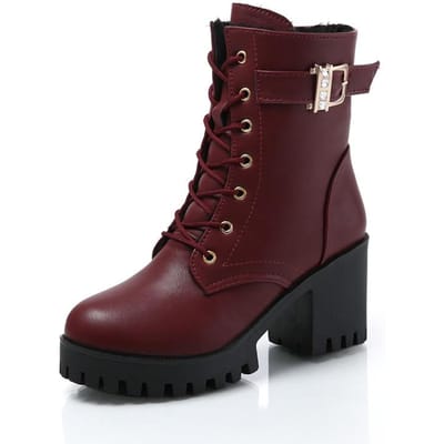 Dames Laarzen Vetersluiting Platte Biker Combat Wijn Rode Laarzen Schoenen Gesp Dames Botas Dames Laarzen Winter Enkelhoge Hakken 35