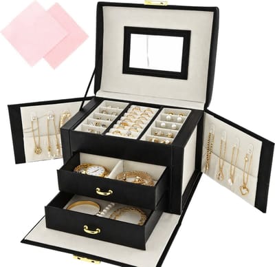Behave Luxe Sieradendoos Dames met Spiegel & Slot – Zwart – Grote Juwelendoos met Lades – Opbergbox voor Sieraden, Ringen, Kettingen & Oorbellen
