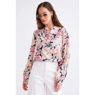 Bloemdruk Lange Mouw Mandarin Kraag Blouse