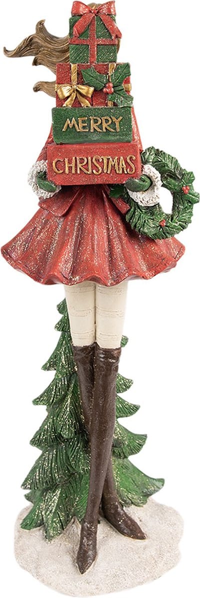 Clayre & Eef Beeld Meisje 15x14x43 cm Rood Polyresin Kerstdecoratie