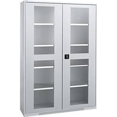 Schaefer Shop Genius FS, 5 OH, afsluitbaar, 4 etages, tot 450 kg, B 1343 mm, staal, alu wit RAL 9006/wit RAL 9006