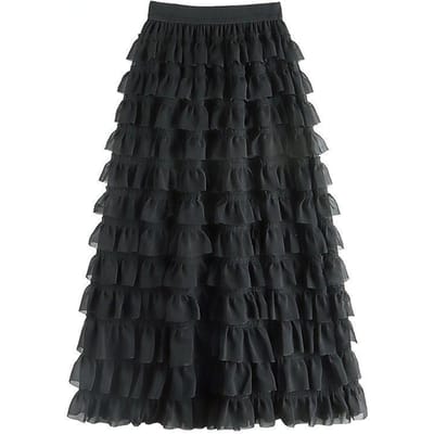 Lente Effen Kleur Nieuwe Lange Chiffon Stiksels Elastische Rok Chiffon Meerlaags Dames XL zwart