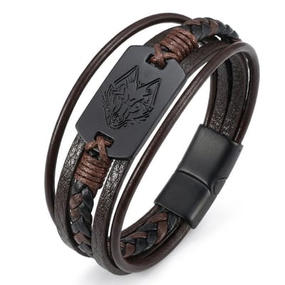 Bruine PU leren armband voor heren met gevlochten details en plaat met wolf gravure – unisex