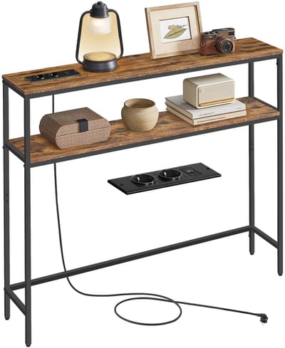 House of Balance Wandtafel - Console Tafel Industrieel Design met Laadstations USB-A, USB-C en 2 Stopcontacten - Smalle Haltafel - Hout en Staal - 100x20x80 cm – 2 Laags – Hal en Woonkamer
