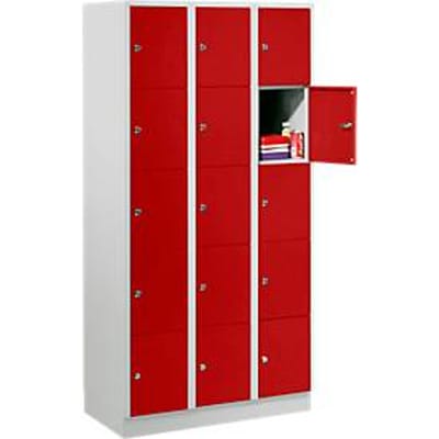 Vakkenkast 300 mm, 3 compartimenten, 15 vakken, veiligheidscilinderslot, sokkel, vuurrood