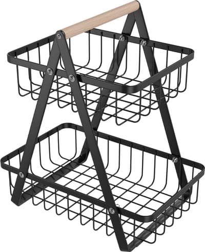 ACXIN Fruitrek 2‑Laags – Metaal Obstmand met Houten Handgreep – Zwart – 27×17×30 cm